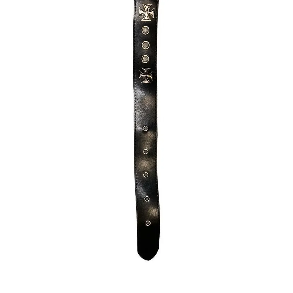 Single Pin Buckle Unisex Black Cross Grommet Faux Leather Belt